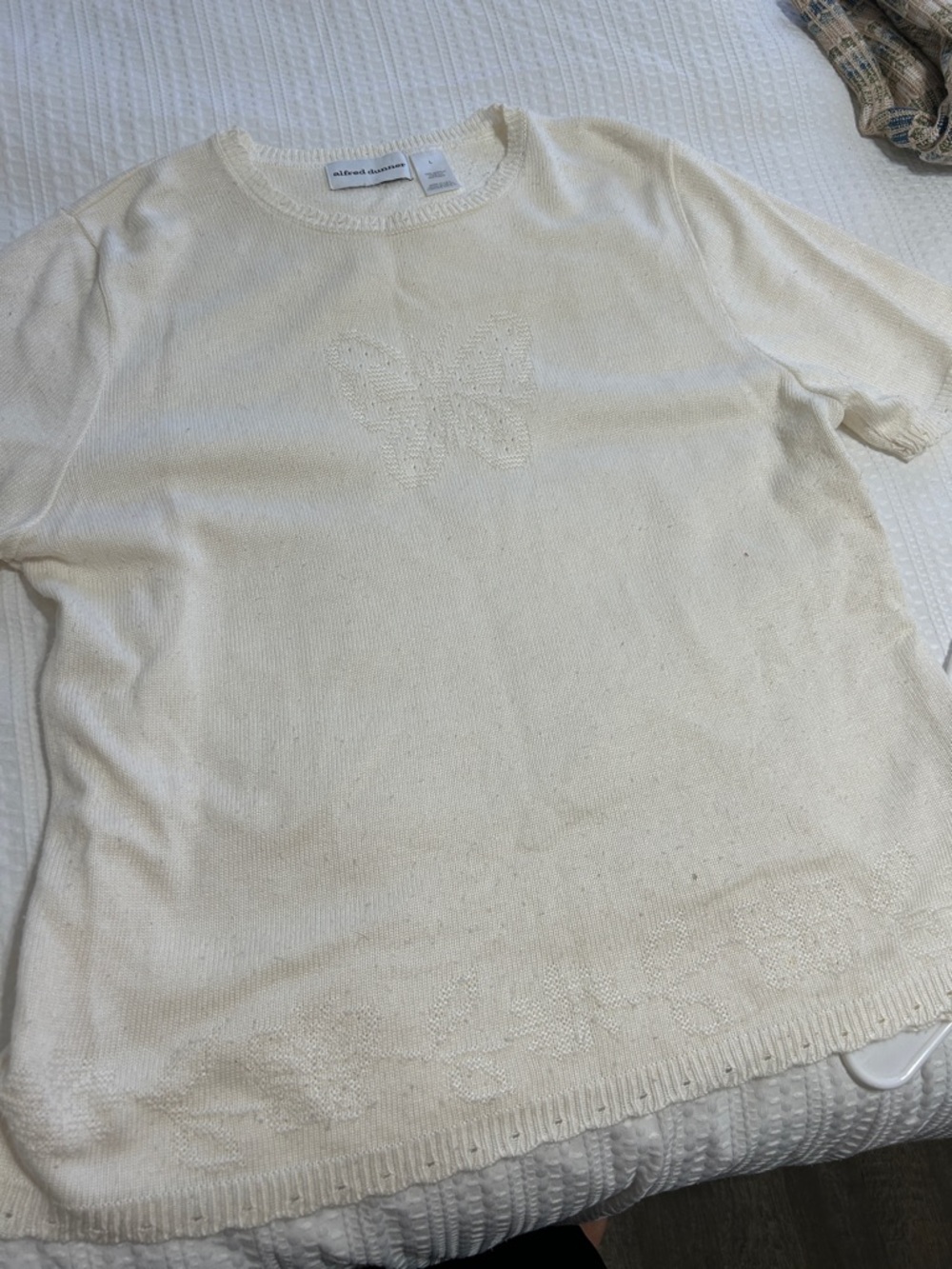 Eileen Fisher Ivory Knit Short Sleeve Top with Subtle Butterfly Detail